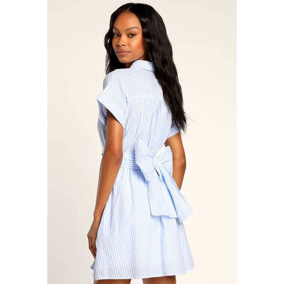 Lulus Size Large Blue Seersucker Short Sleeve Tie Front Bow Back Mini Dress - Picture 2 of 12